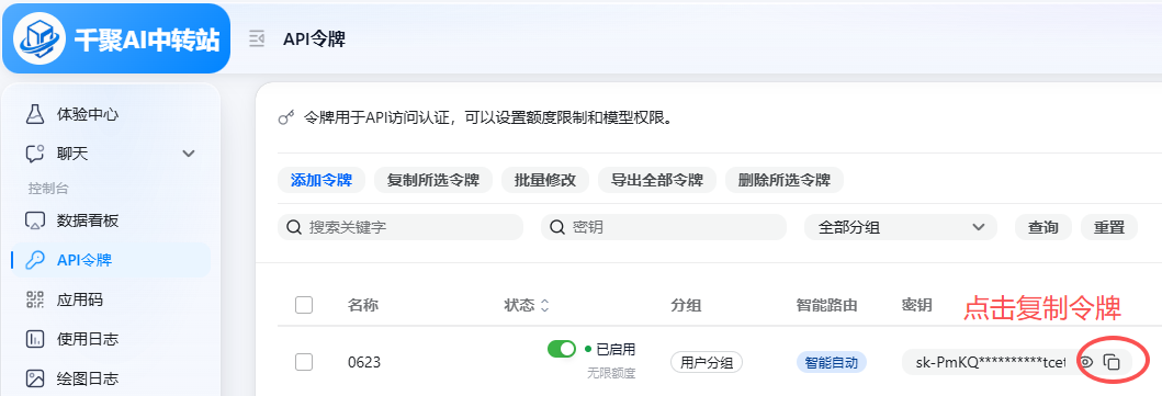 API 令牌列表右侧复制令牌按钮