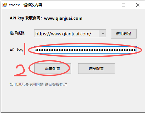 Codex 一键配置工具中粘贴 API key 并点击配置